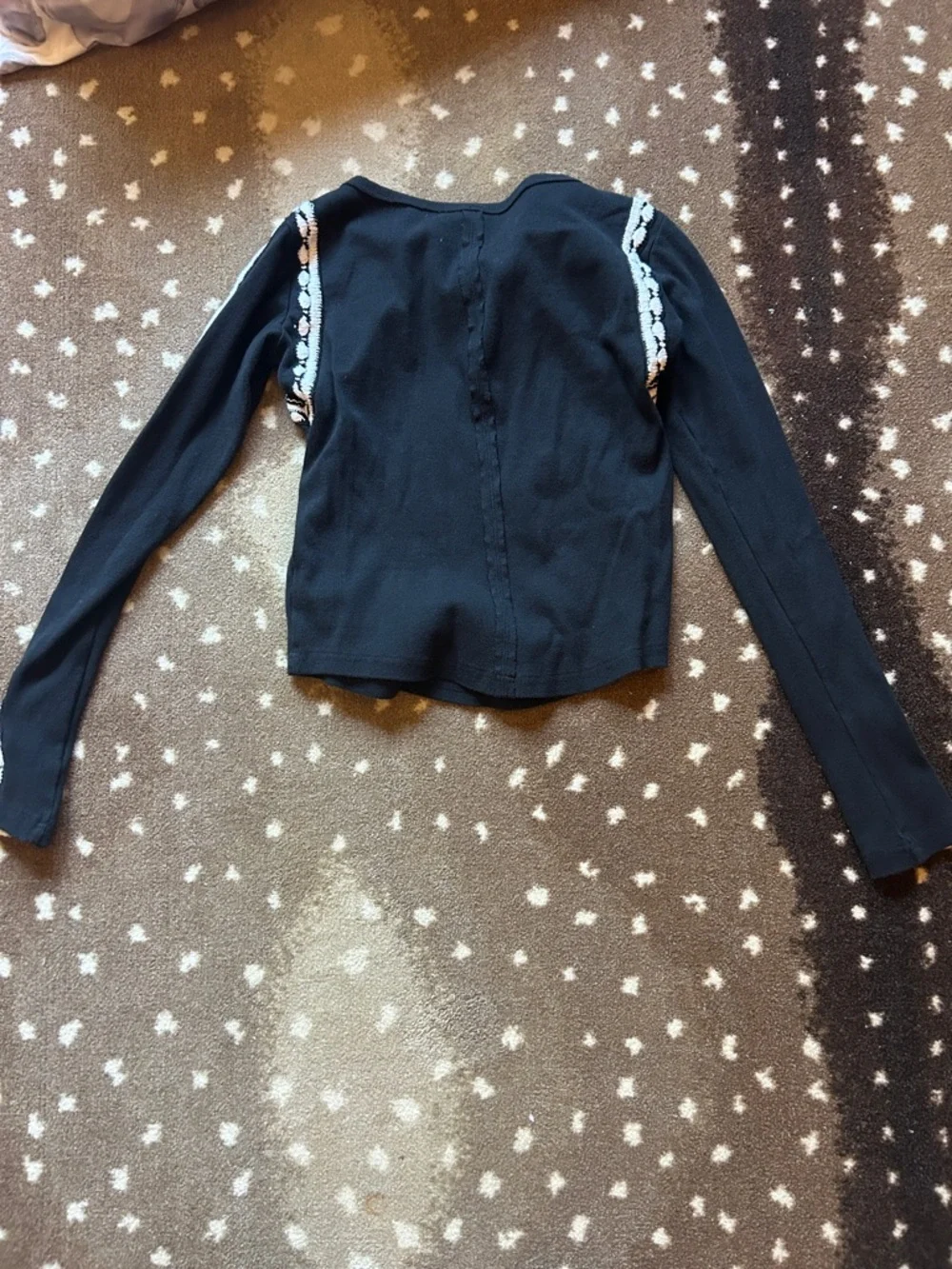 Free People Black Long Sleeve Top with White Embroidery